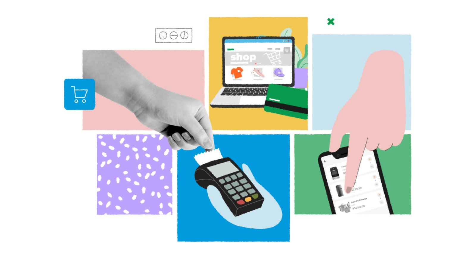 Ilustração de compras com cartão, maquininha e celular no vídeo animado de educação financeira da ANBC, por Studio Shoyu