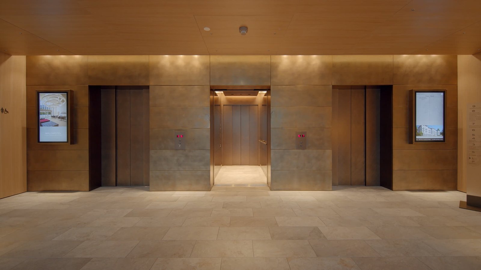 Hall de elevadores da Atlas Schindler em cena do vídeo institucional ultra-wide para evento, criado pelo Studio Shoyu